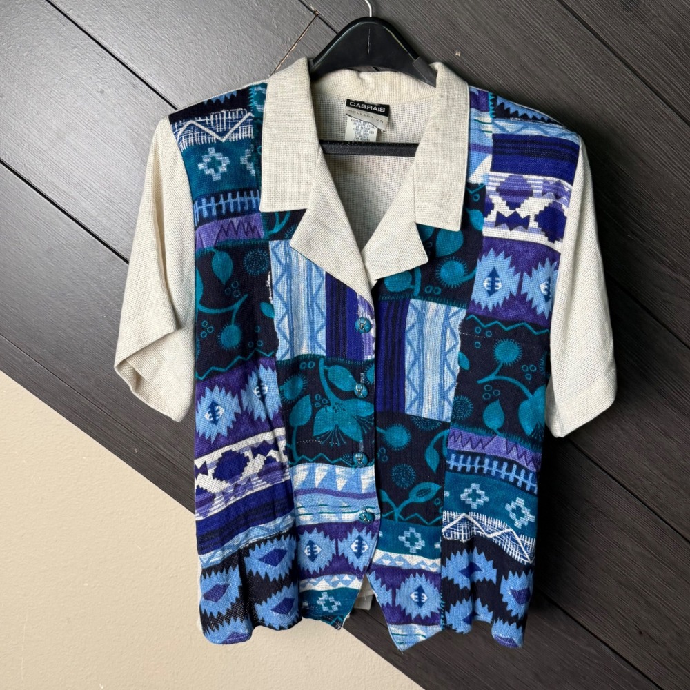 Cabrais Collection Women's Southwestern Patchwork Button Front Shirt L USA 90's